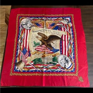 Oscar de la Renta Red Scarf with Eagle and Flag Motif